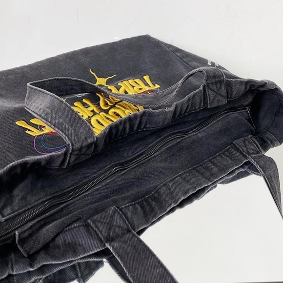 Oversized Denim Smoke Grey Embroidered  Canvas Bag Messager Bag with Zipper - Picture 2 of 13